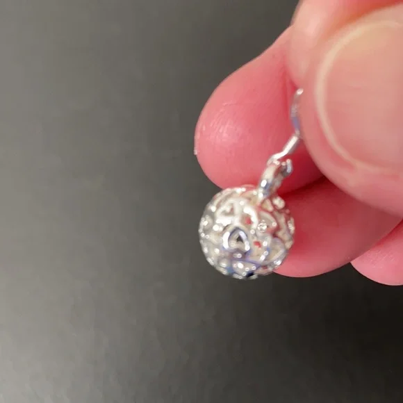$5 SALE—Silver Hanging Ball with Cut-out Hearts Wire Earrings (not sterling) - Picture 3 of 3